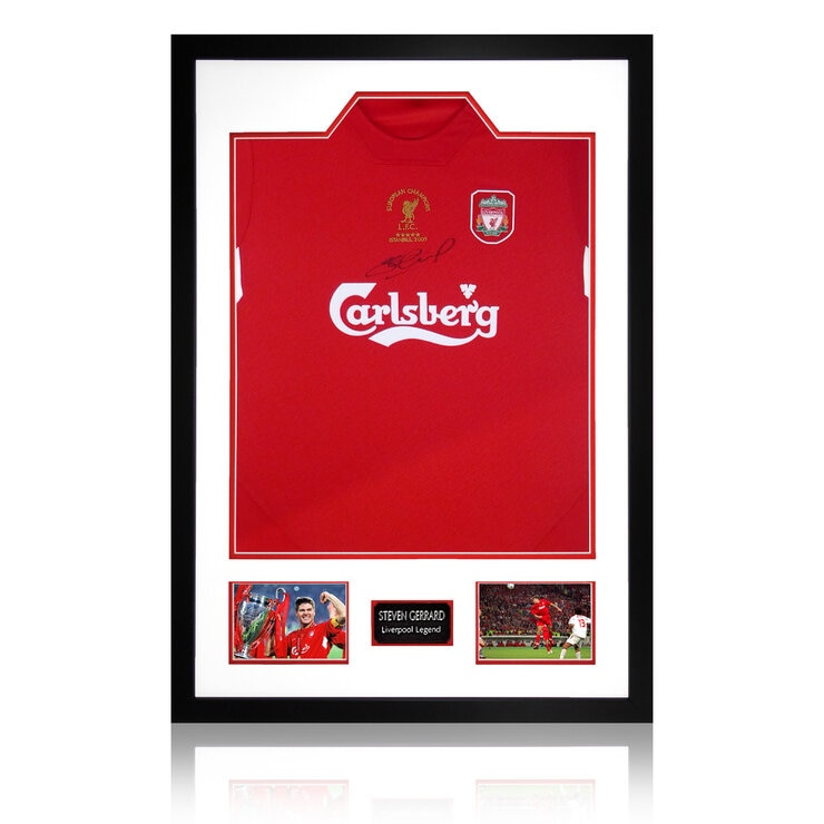 Steven Gerrard Signed Framed 2005 Liverpool Football Shirt including 2 Photos Steven Gerrard Signed Framed 2005 Liverpool Football Shirt including 2 Photos