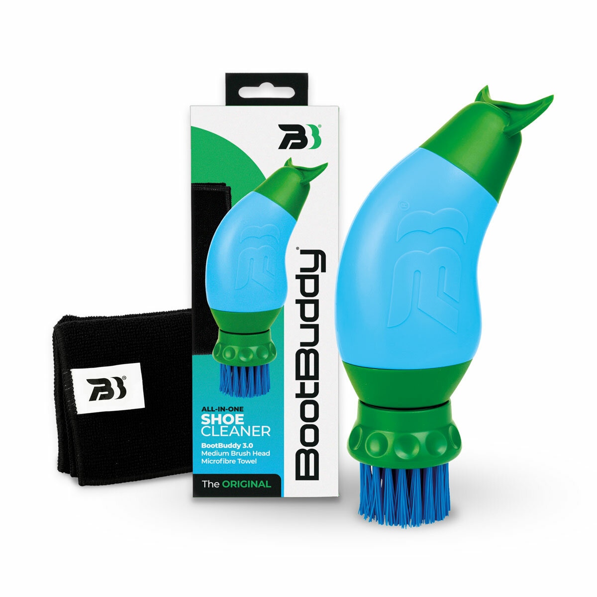 Studio image of the Boot Buddy with a microfibre towel
