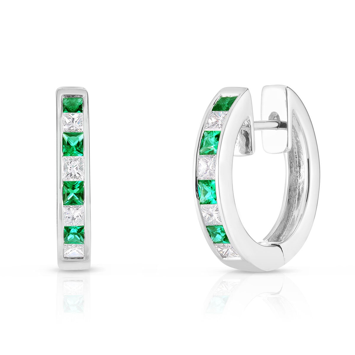 Princess Cut Lab Emerald & 0.32ctw Diamond Hoop Earrings, 14ct White Gold