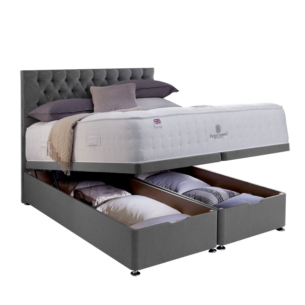 Pocket Spring Bed Company Mulberry Mattress & Sterling Grey Ottoman Divan with 4 Drawers in 3 Sizes