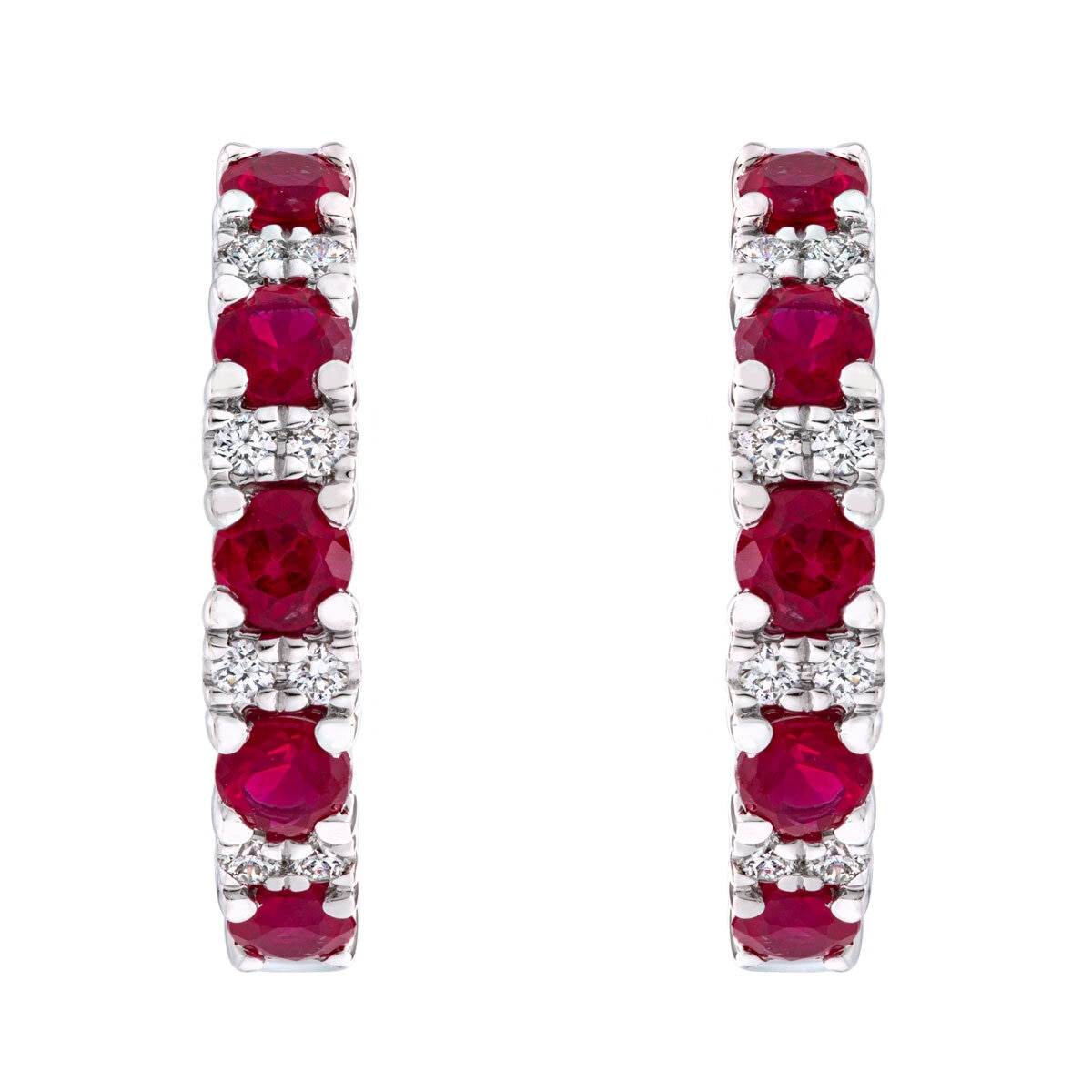 Round Cut Ruby and 0.09ctw Diamond Hoop Earrings, 14ct White Gold