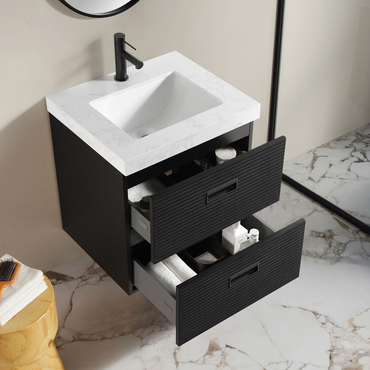 Close up angled lifestyle image of OVE Otis 610mm in black with drawers open Close up angled lifestyle image of OVE Otis 610mm in black with drawers open