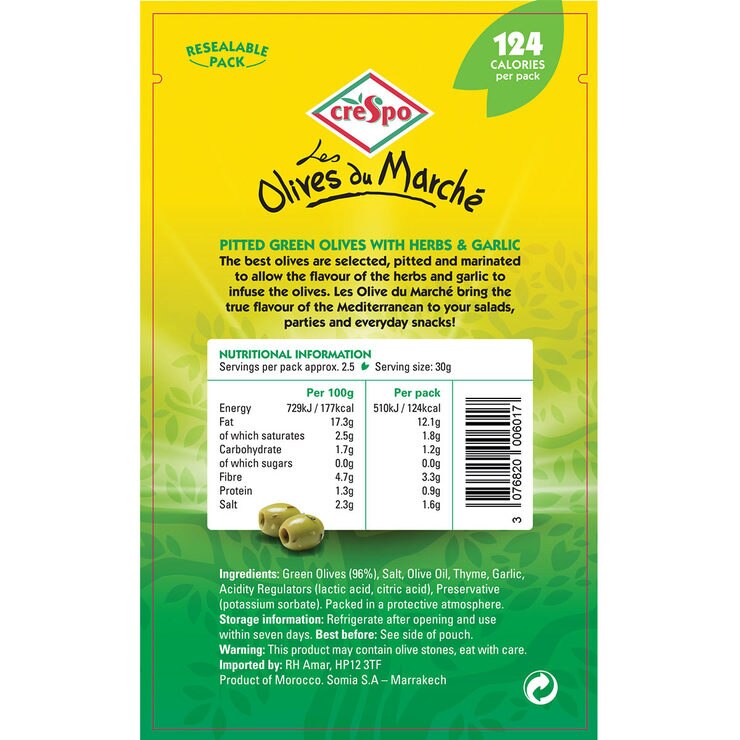Crespo Pitted Green Olives with Garlic & Herbs, 24 x 70g Costco UK