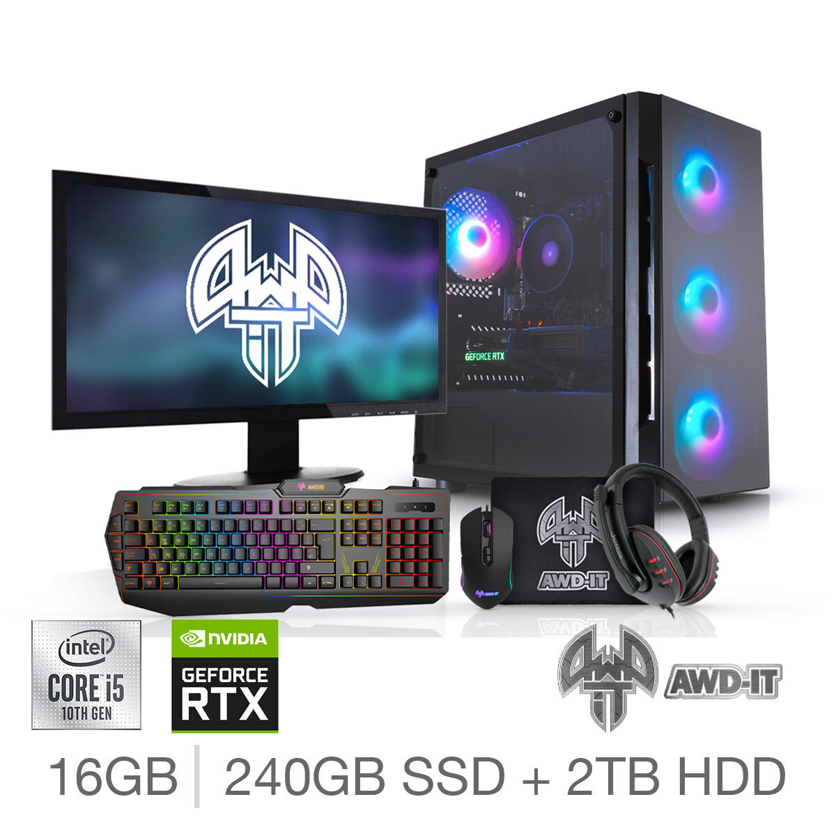 Buy AWD-IT Hero 6, Intel Core i5, 16GB RAM, 240GB SSD, 2TB HDD, NVIDIA GeForce RTX 3060, Gaming Desktop PC with 24” Full HD Widescreen Monitor, RGB Gaming Keyboard & Mouse Plus Headset & Mouse Pad at costco.co.uk