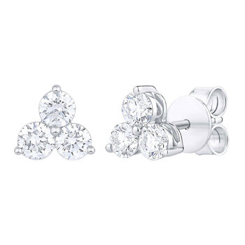 0.85ctw Round Brilliant Cut Diamond Three Stone Stud Earrings, 14ct White Gold 