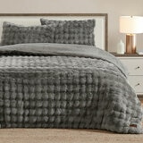 Grey bubble faux fur comforter set,  including two decorative pillow styled on bed Grey bubble faux fur comforter set,  including two decorative pillow styled on bed