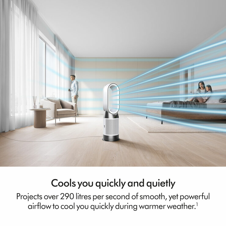 Lifestyle image of Dyson Purifier Hot+Cool HP1 Purifying Fan Heater projecting over 290 litres per second of cool air