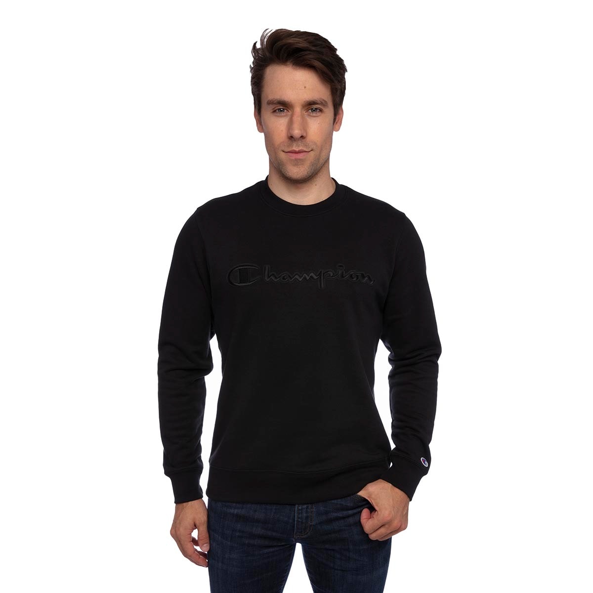 black crew neck champion sweatshirt