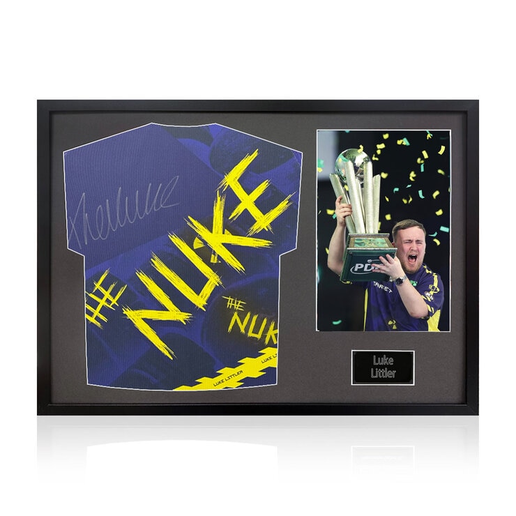 Luke Littler Signed Framed Darts Shirt including 1 Photo in 2 Options: White or Black Mount