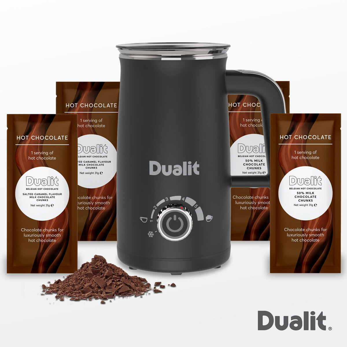 Dualit Milk Frother & Hot Chocolate Maker Max With Single Serve Belgian Chocolate Sachets