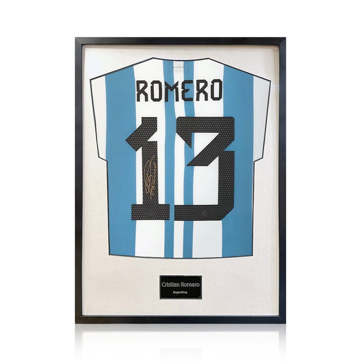 Christian Romero Signed Framed Argentina Football Shirt with White Mount Christian Romero Signed Framed Argentina Football Shirt with White Mount