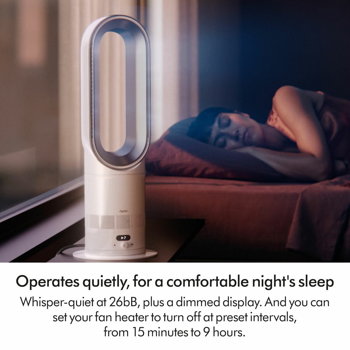 Lifestyle image of Dyson AM15 with dimmed display and whisper quiet for bed time