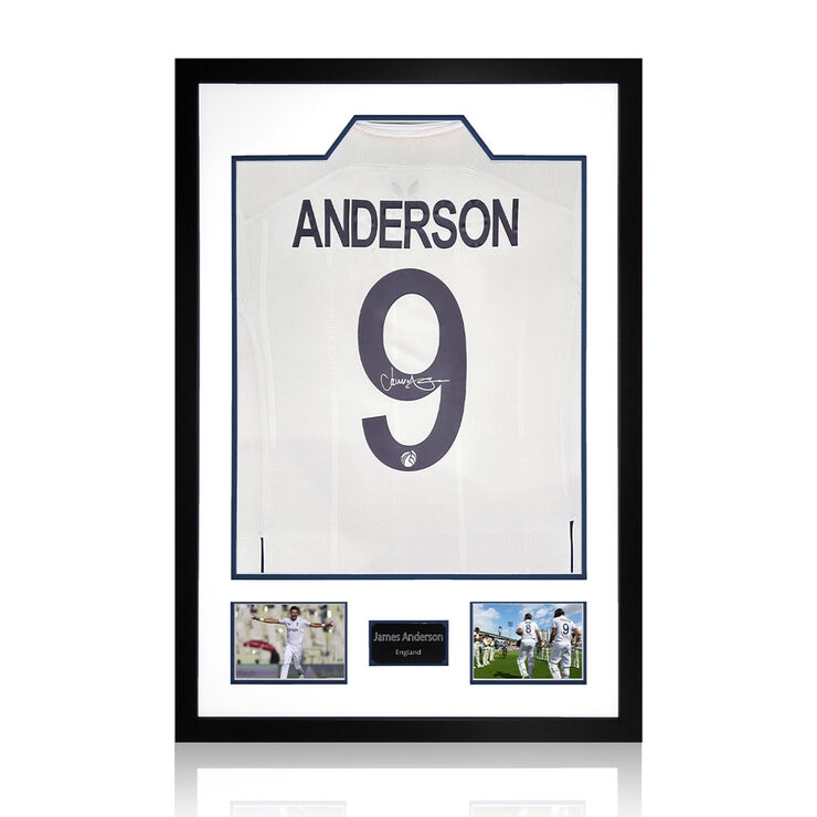 James Anderson Signed Framed England Cricket Shirt including 2 Photos James Anderson Signed Framed England Cricket Shirt including 2 Photos