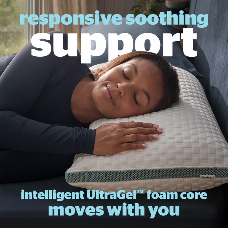 Person lying on Silentnight pillow, emphasizing responsive support and UltraGel foam core that moves with you.