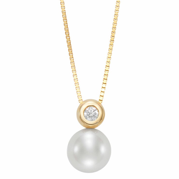 8-8.5mm Freshwater White Pearl & 0.07ct Diamond Pendant, 14ct Yellow Gold 8-8.5mm Freshwater White Pearl & 0.07ct Diamond Pendant, 14ct Yellow Gold