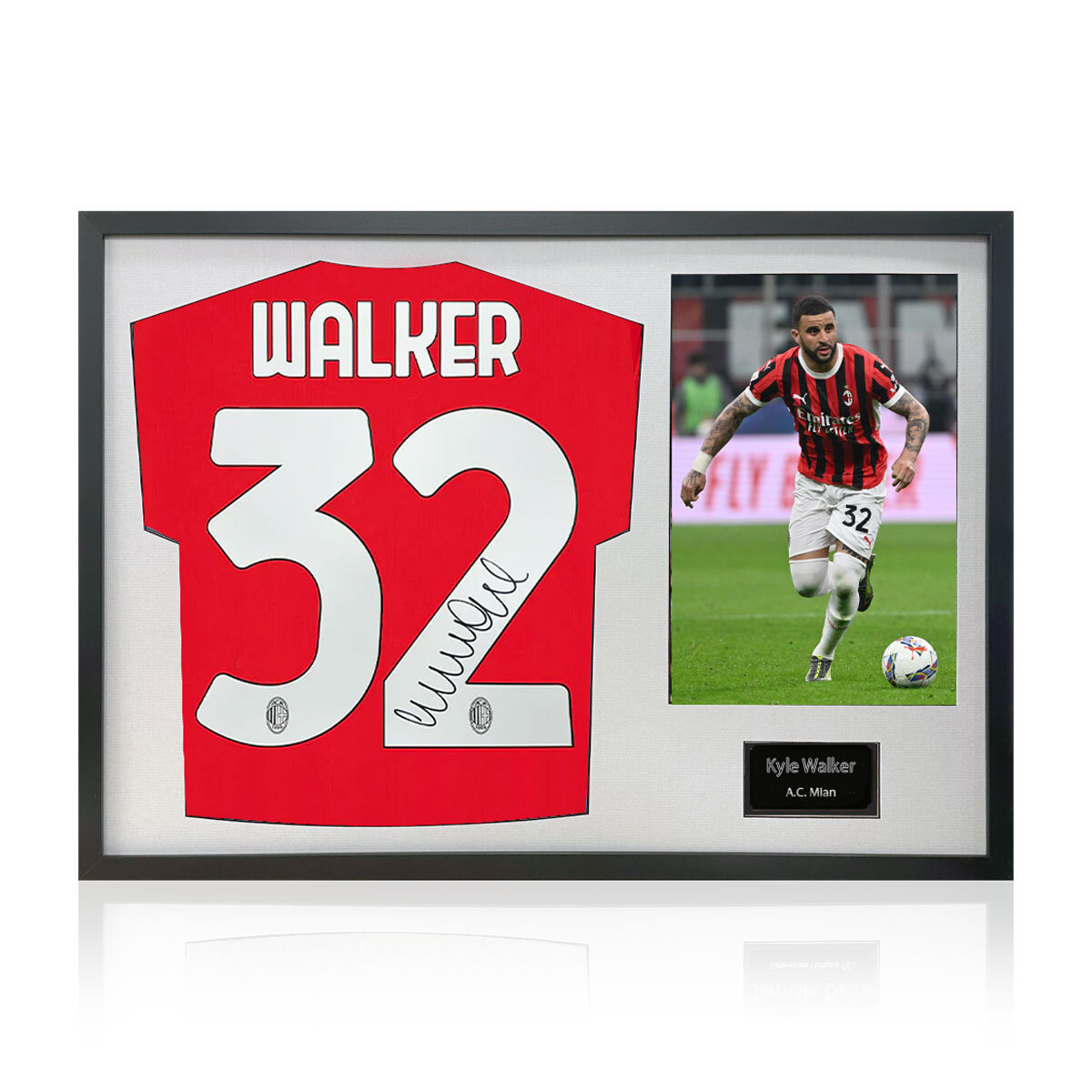 Kyle Walker Signed Framed AC Milan Shirt including 1 Photo in 2 Options: White or Black Mount