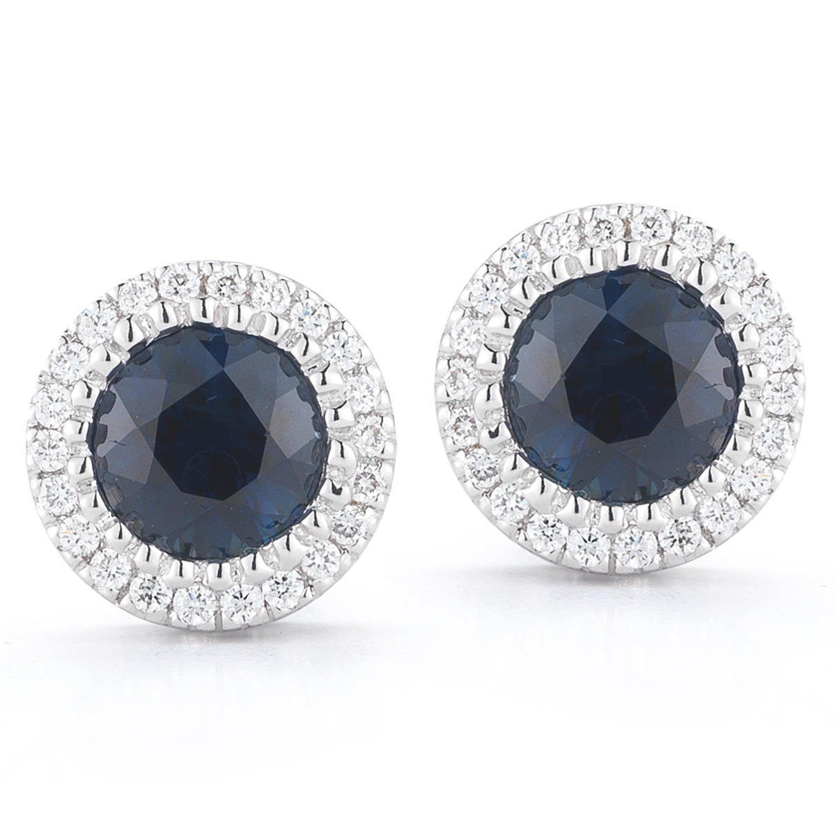 Round Cut Blue Sapphire and 0.12ctw Diamond Stud Earrings, 18ct White Gold