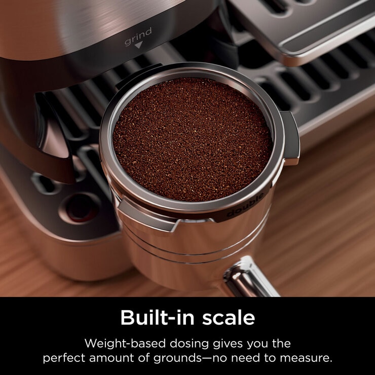 Lifestyle image of  Ninja Luxe Café Pro Espresso Machine showing built in scale