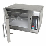 Slanted profile of Contender Commercial 1800W Microwave Oven with door opened