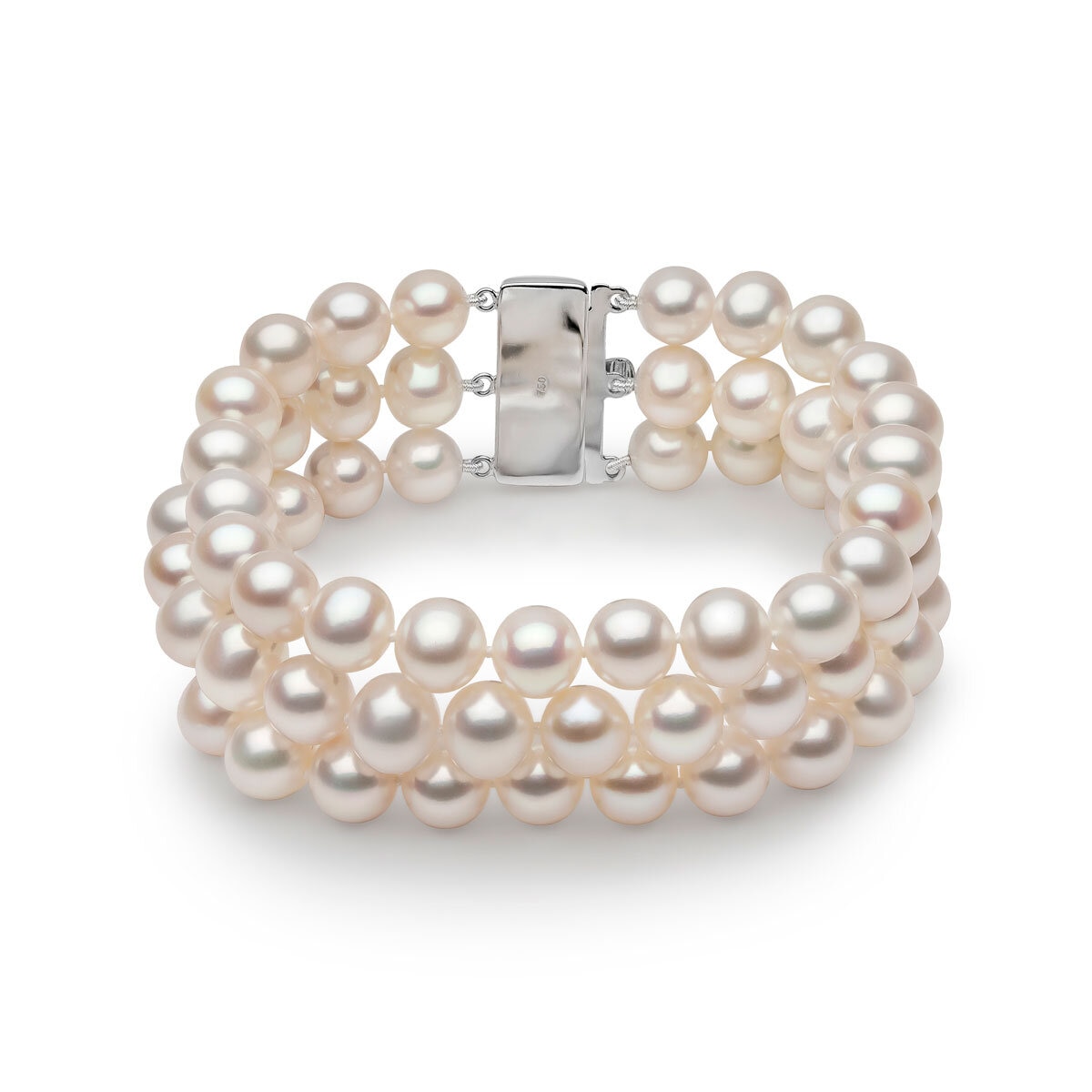7.5 8mm Cultured Freshwater Three Row White Pearl Bracelet 18ct White Gold
