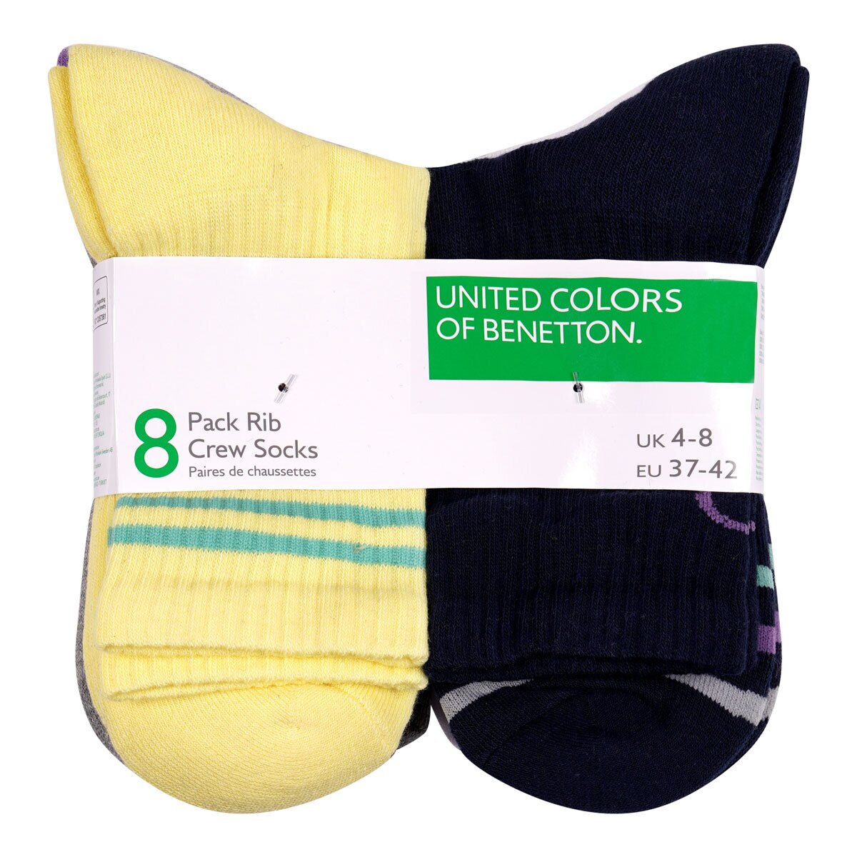 United Colors of Benetton Ladies Sport Crew Sock, Navy/Colour 8 Pack