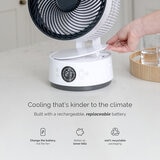 Lifestyle image of fan with rechargeable and replaceable battery Lifestyle image of fan with rechargeable and replaceable battery