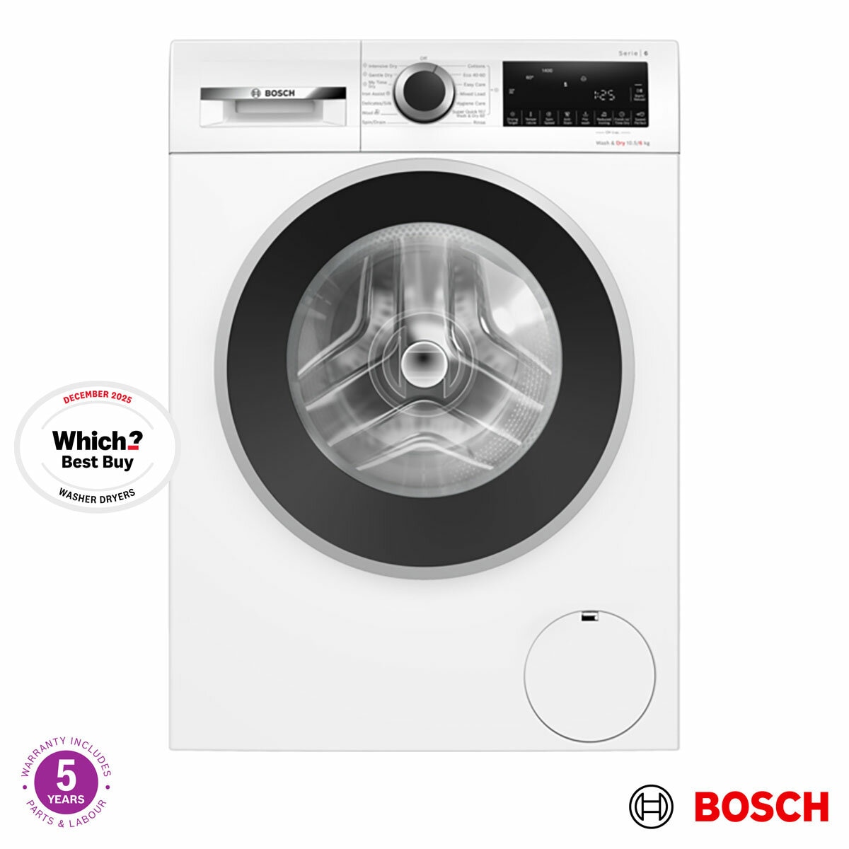 Bosch WNG25401GB Series 6 Washer Dryer, 10.5/6kg Capacity, D Rated in White