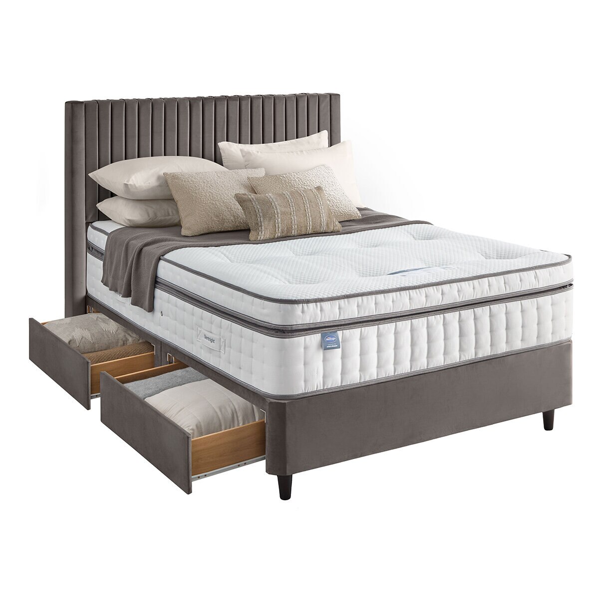 Silentnight Velvet 4 Drawer Divan Base with Slumber Headboard in Charcoal & 3 Sizes