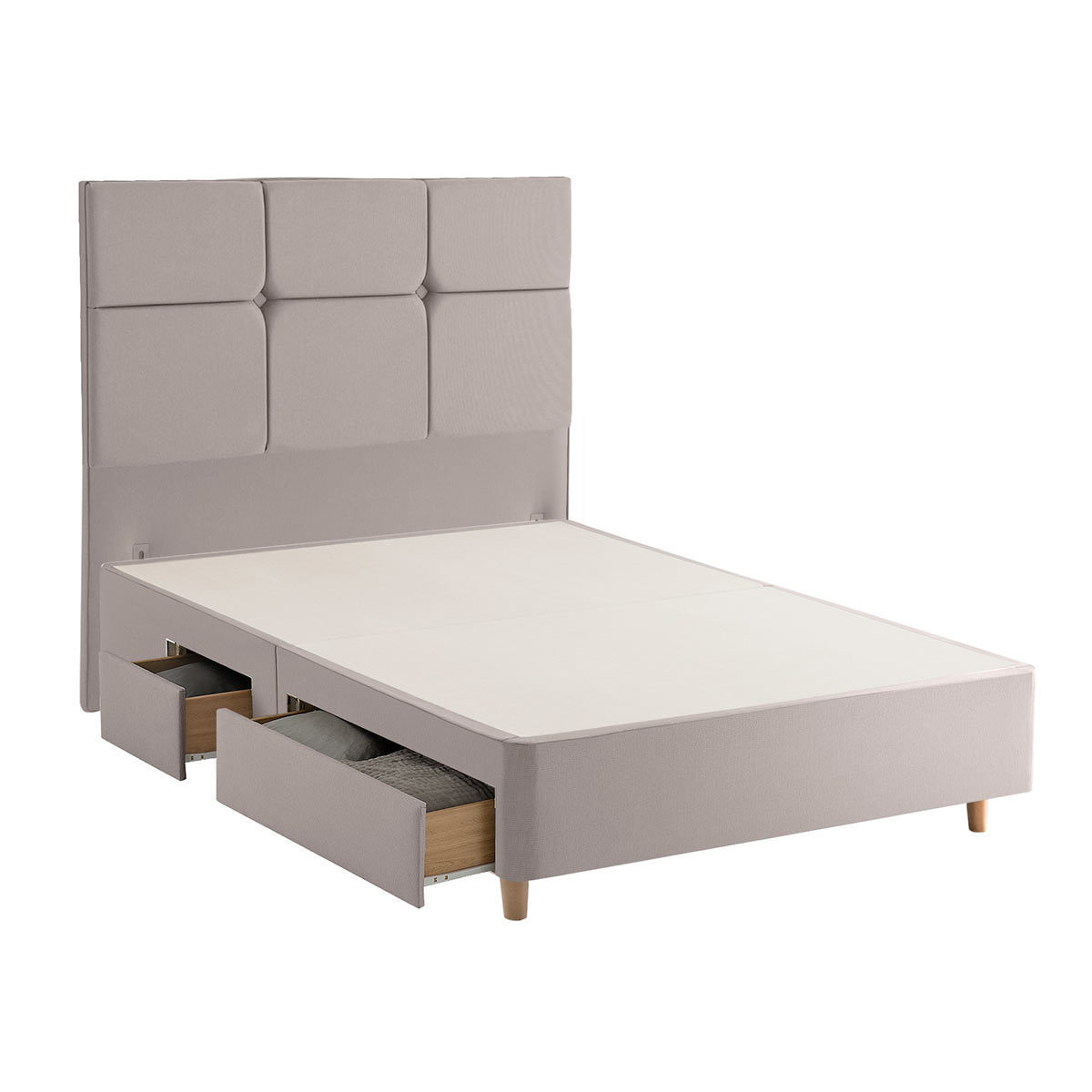 Cut out image of divan base and headboard in dove grey on white background 4 drawers open