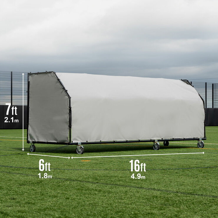 Lifestyle image of the back Quickplay Pro Alu Club Shelter 16 x 6ft with the dimensions shown for each side Lifestyle image of the back Quickplay Pro Alu Club Shelter 16 x 6ft with the dimensions shown for each side
