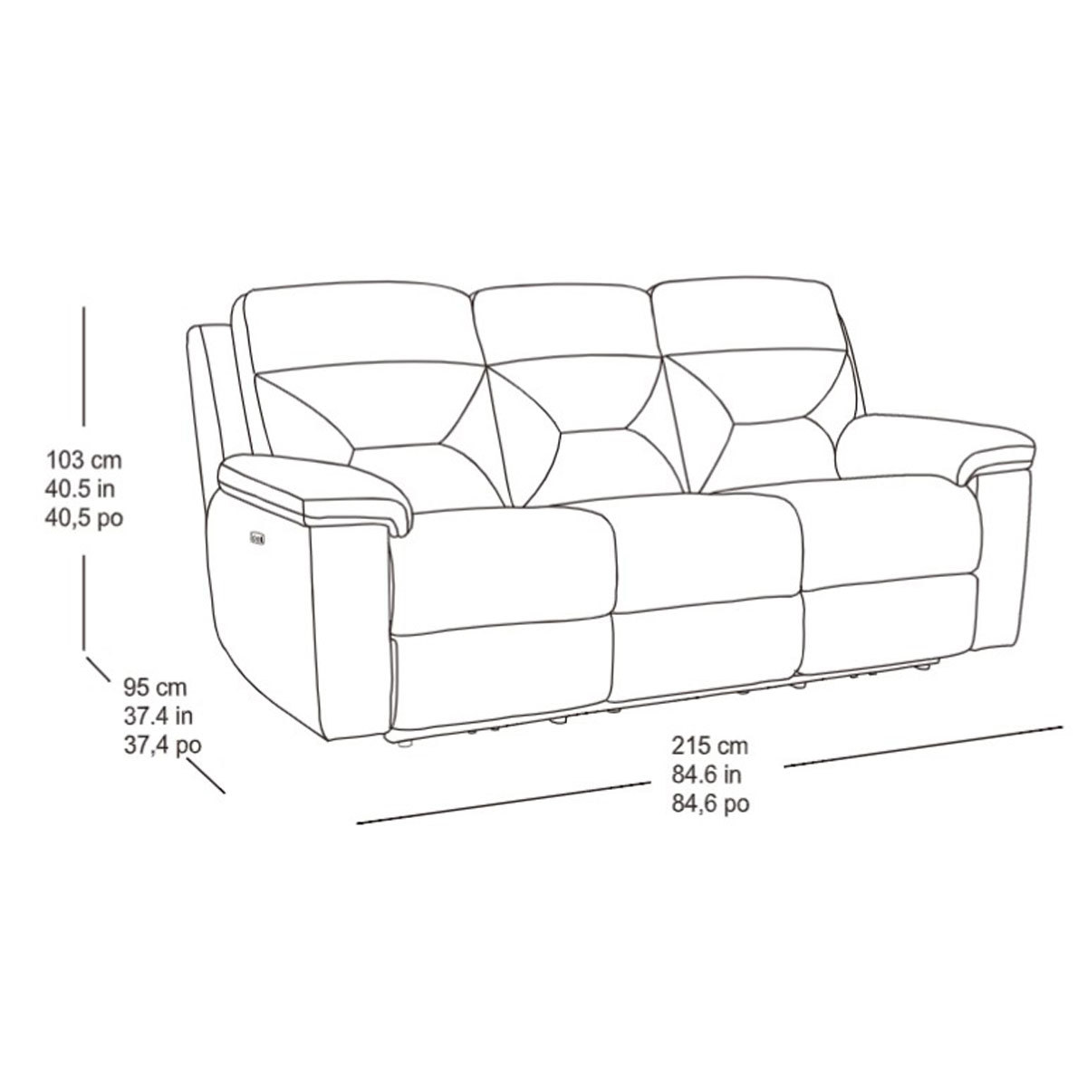 Line drawing of Kuka Brown Fabric Reclining 3 Seater Sofa