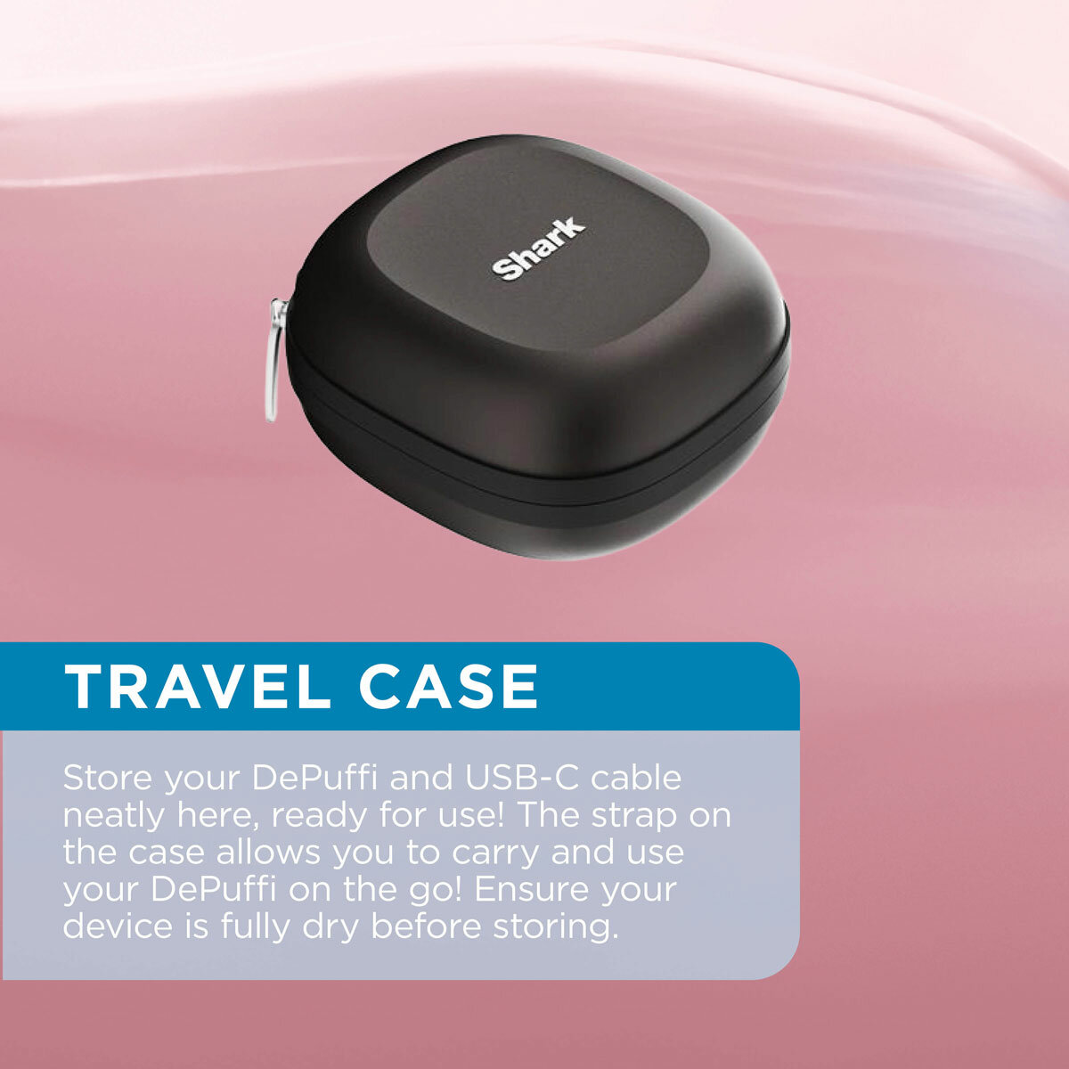 Lifestyle image showing travel chase to store DePuffi and USB-C cable