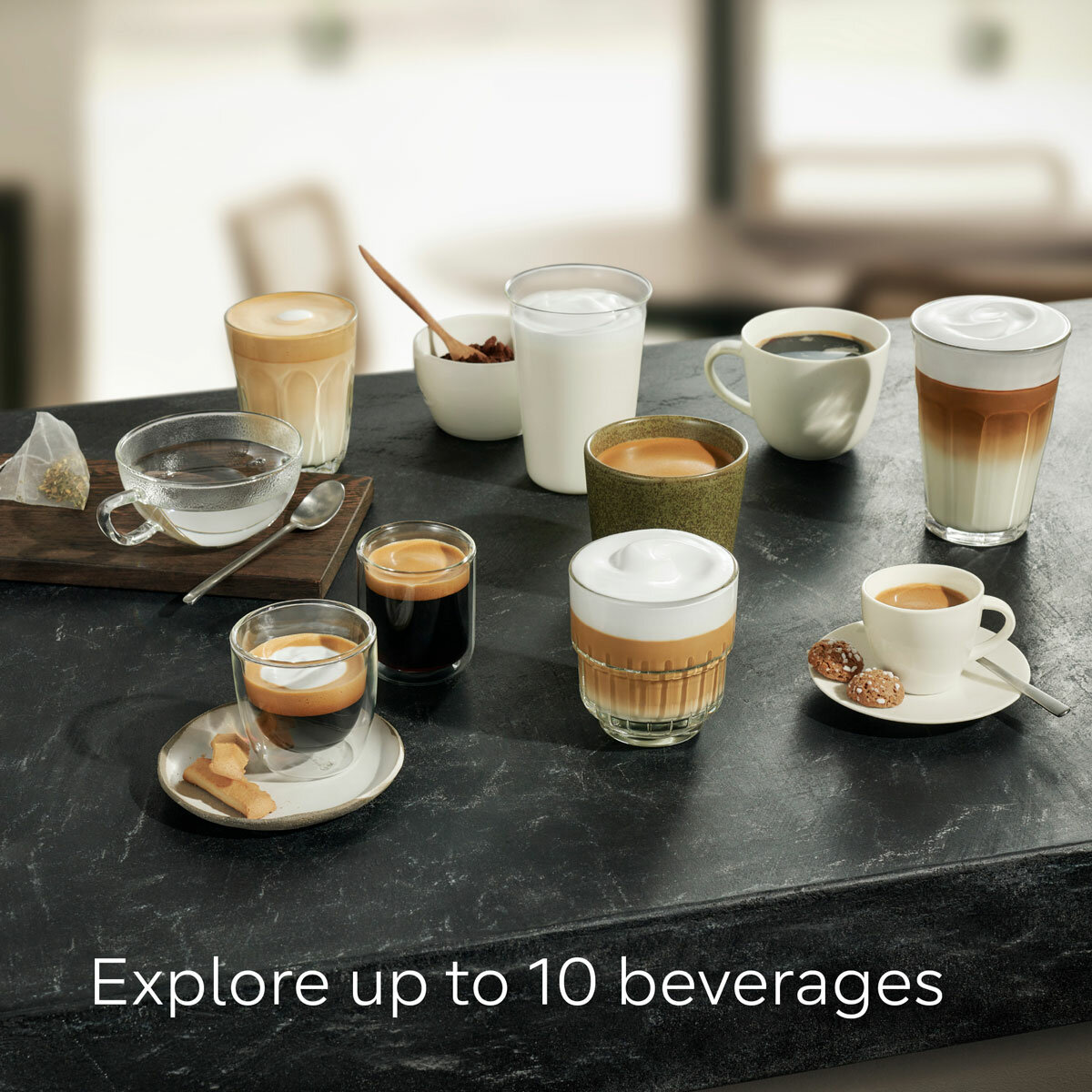 Lifestyle image of 10 drinks made from coffee machine