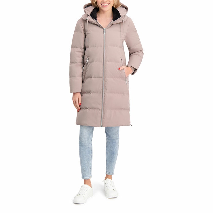 DKNY Ladies Long Down Coat with Hood in Taupe