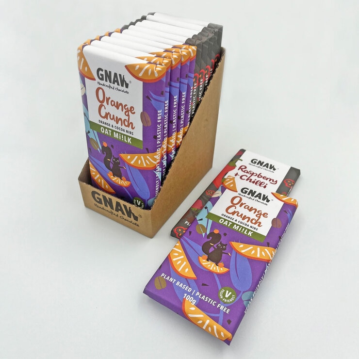 Gnaw Orange Crunch and Raspberry + Chilli Oat Mylk Chocolate Bars, 12 x 100g Gnaw Orange Crunch and Raspberry + Chilli Oat Mylk Chocolate Bars, 12 x 100g