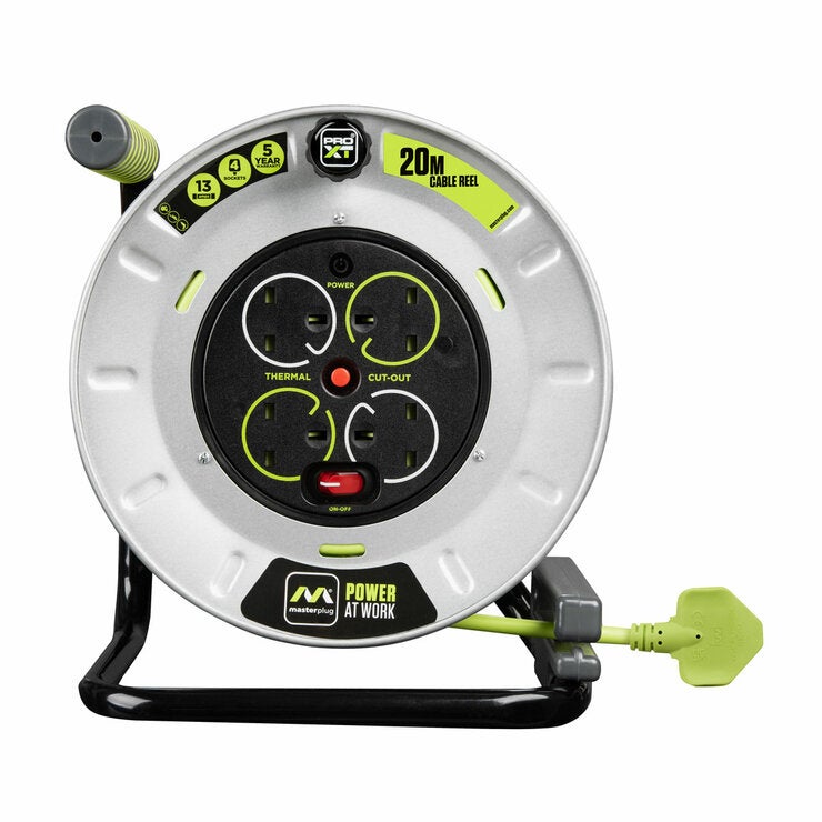 Masterplug 20m Pro-XT 4 Socket, 13A Metal Open Cable Reel Masterplug 20m Pro-XT 4 Socket, 13A Metal Open Cable Reel