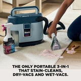 Lifestyle image showing stain cleaning, dry vacuuming and wet vacuuming