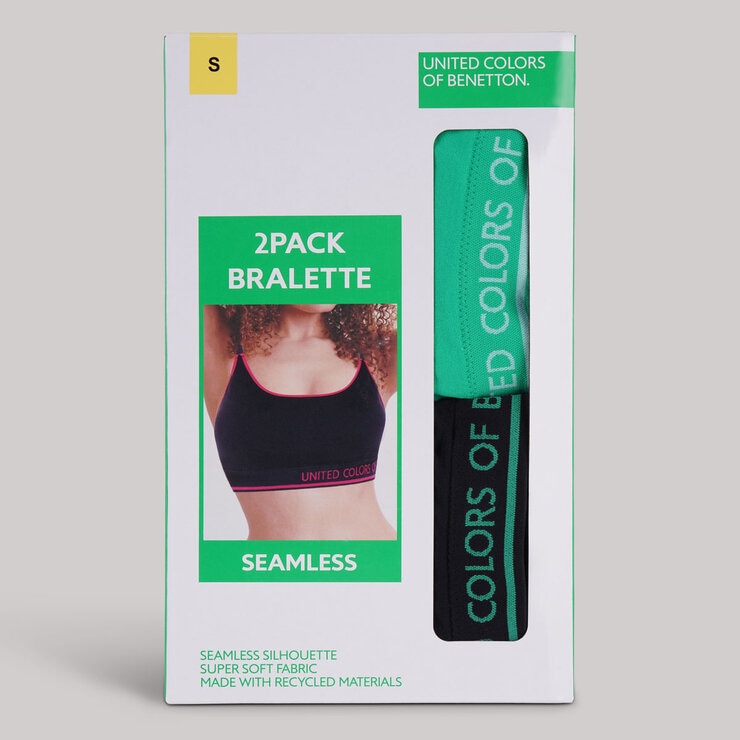 United Colors of Benetton Seamless Bra 2 Pack in Black & Green, Medium