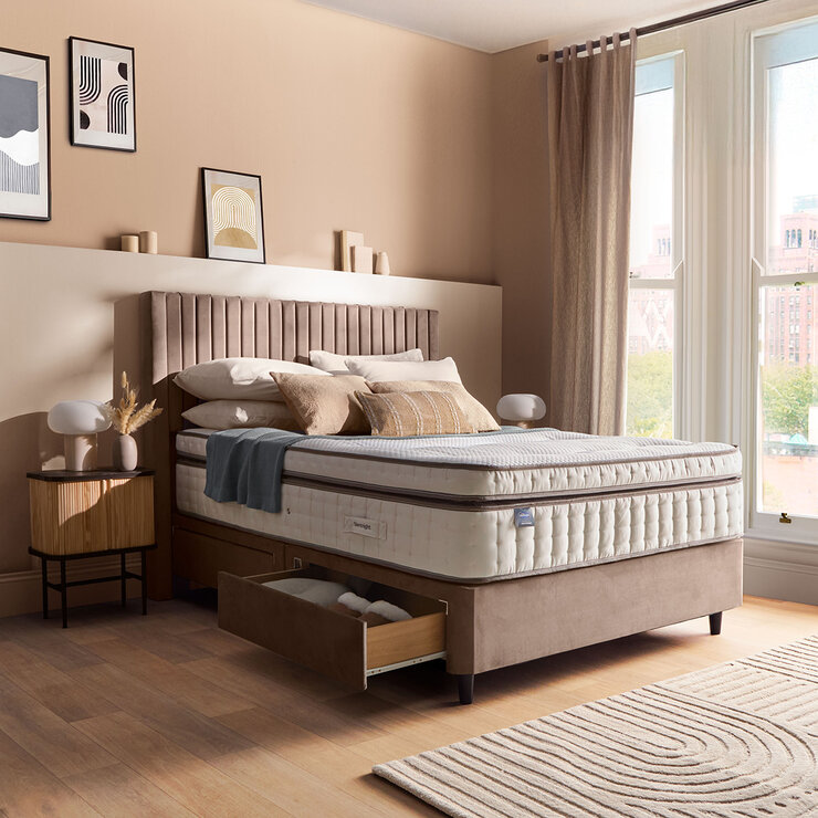 Silentnight Velvet 4 Drawer Divan Base with Slumber Headboard in 4 Colours & 3 Sizes