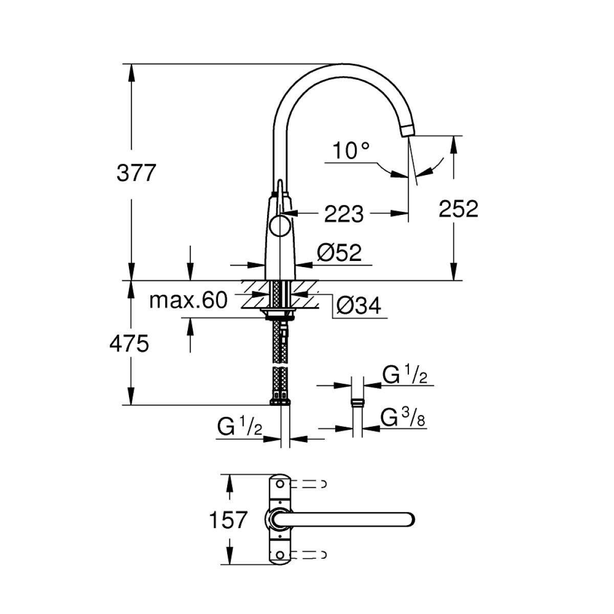 Line drawing of GROHE tap on white background with dimensions