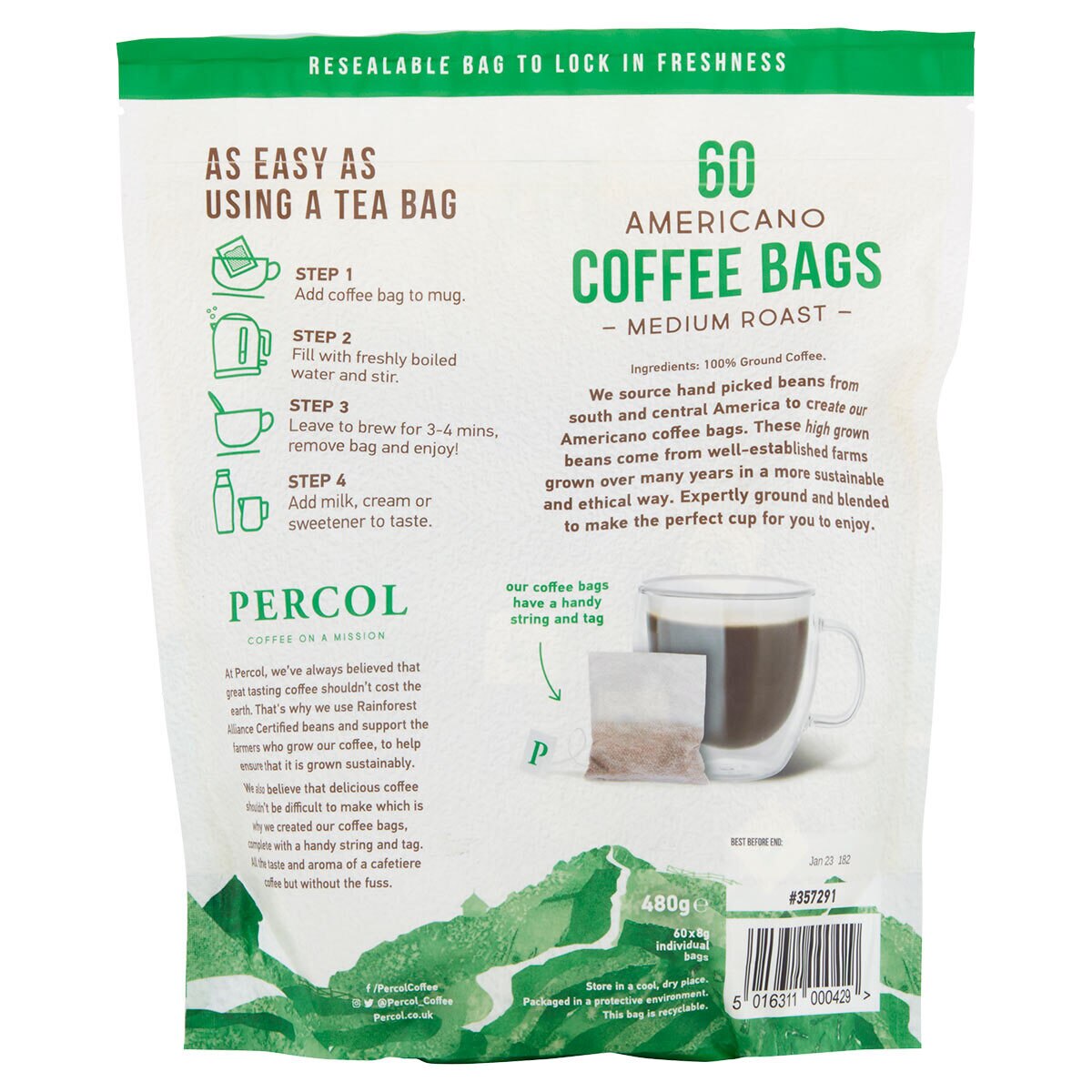 Percol Americano Medium Roast Coffee Bags, 60 x 8g