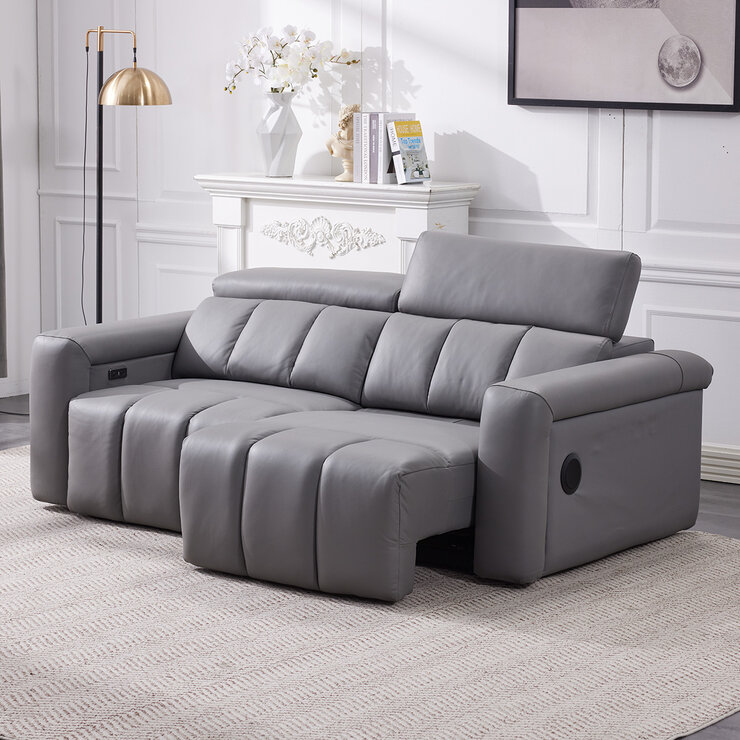 Dallas Grey Leather Power Sliding 3 Seater Sofa