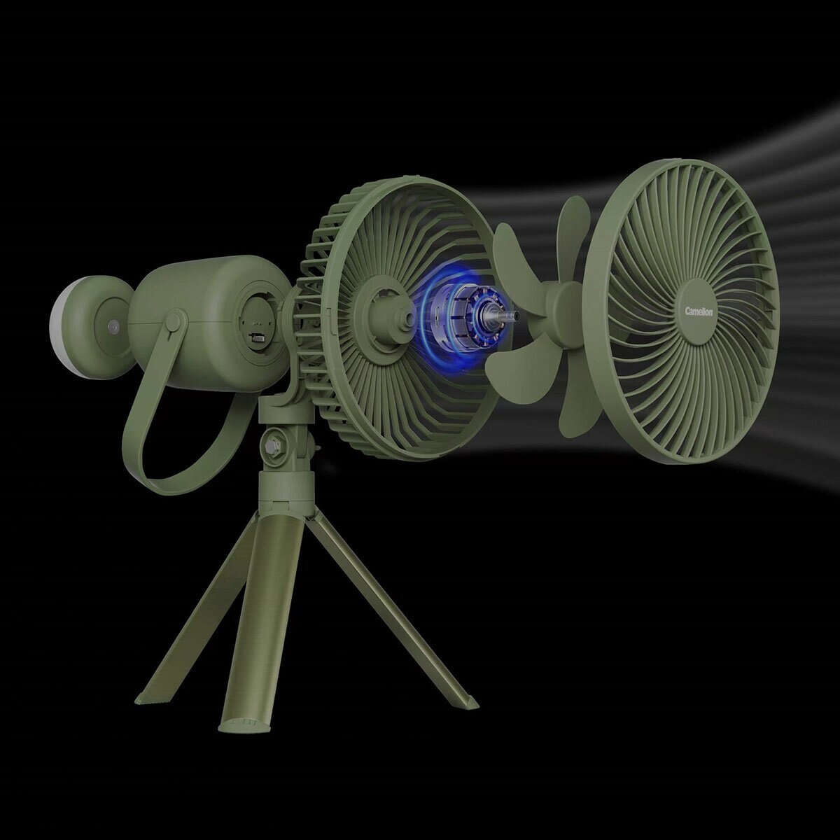 Studio image of the different individual parts of the camping fan Studio image of the different individual parts of the camping fan