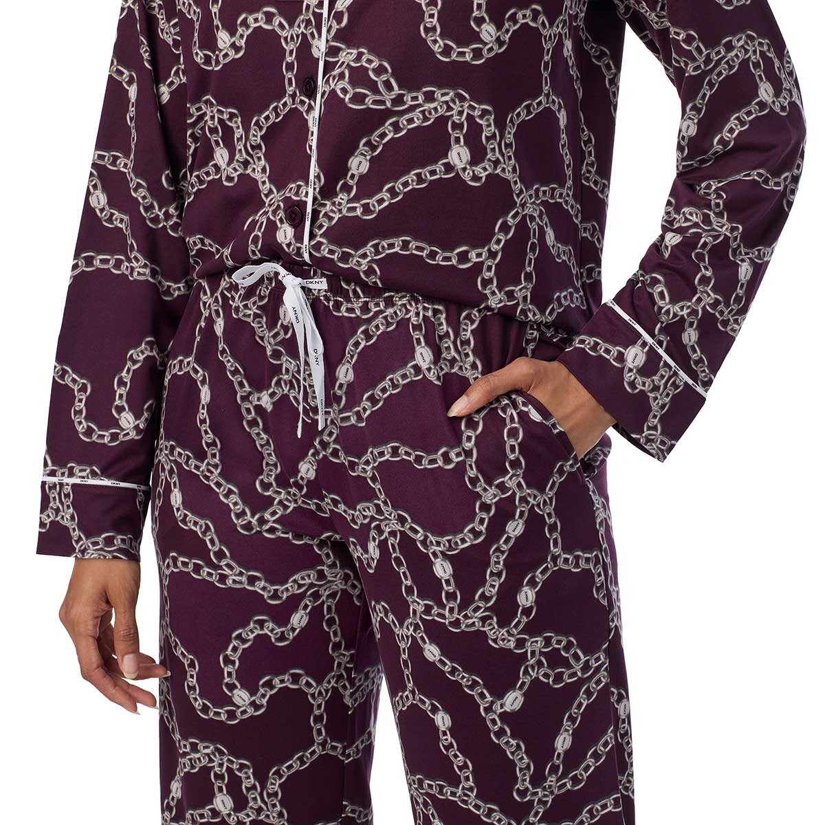 DKNY Women's Notch Collar Pyjama Set in Burgundy