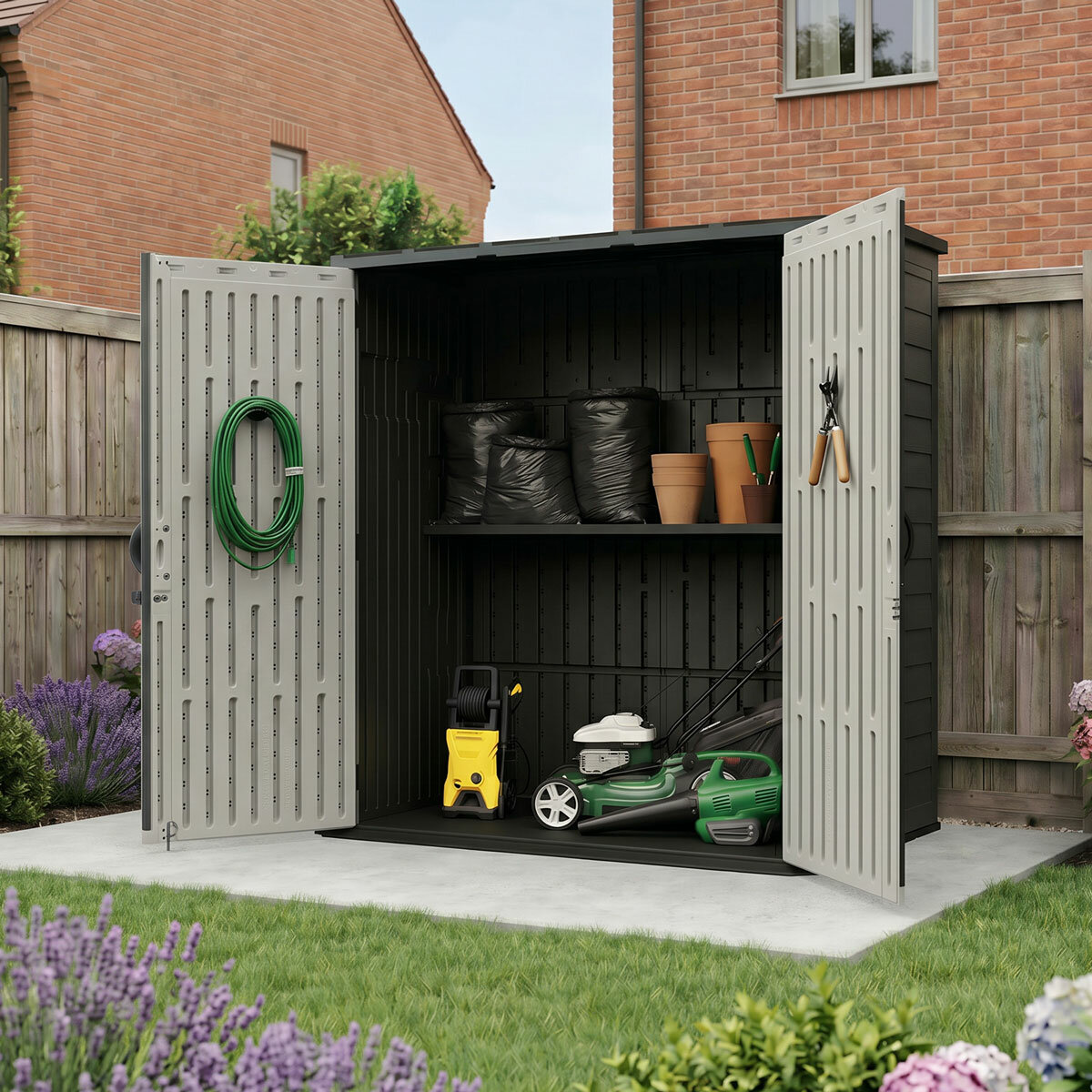 Suncast 5ft 8" x 3ft 6" (1.7 x 1.1m) 3,000 Litre Vertical Storage Shed with Shelves and Tool Hooks