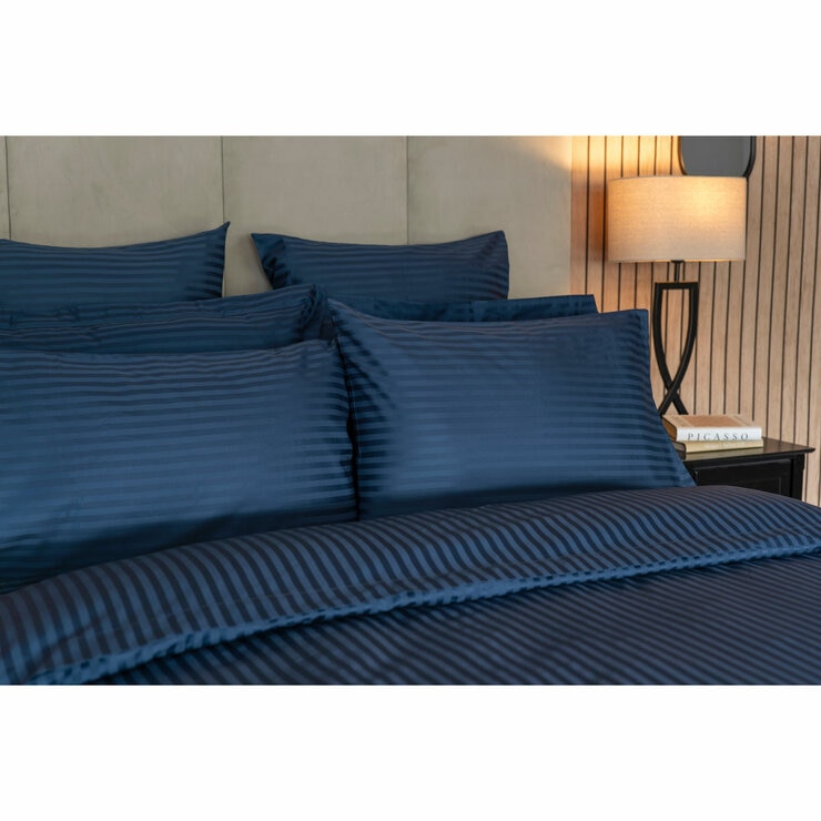 Belledorm 540 Thread Count Satin Stripe Navy Duvet Cover Set in 3 Sizes