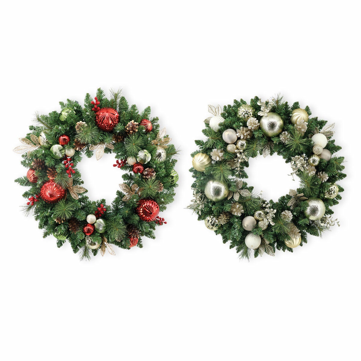 Pre-Lit Decorated Wreath with 50 LED Lights in Metallic Pre-Lit Decorated Wreath with 50 LED Lights in Metallic