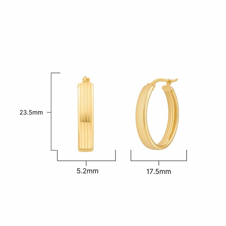 14ct Yellow Gold Line Texture Oval Hoop Earrings