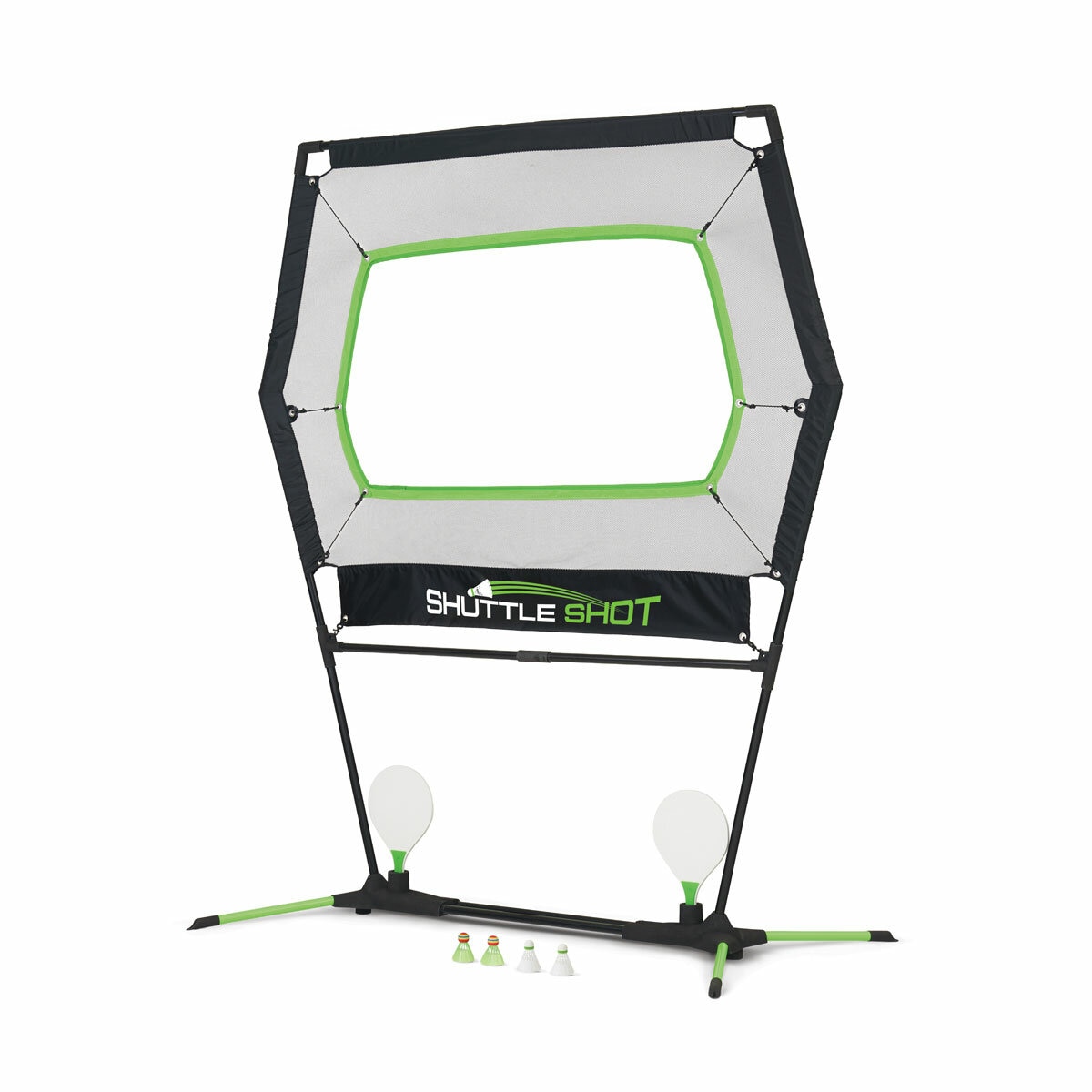 Studio image of the Shuttle Shot with two paddles and four shuttlecocks