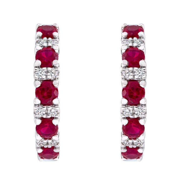 Round Cut Ruby and 0.09ctw Diamond Hoop Earrings, 14ct White Gold